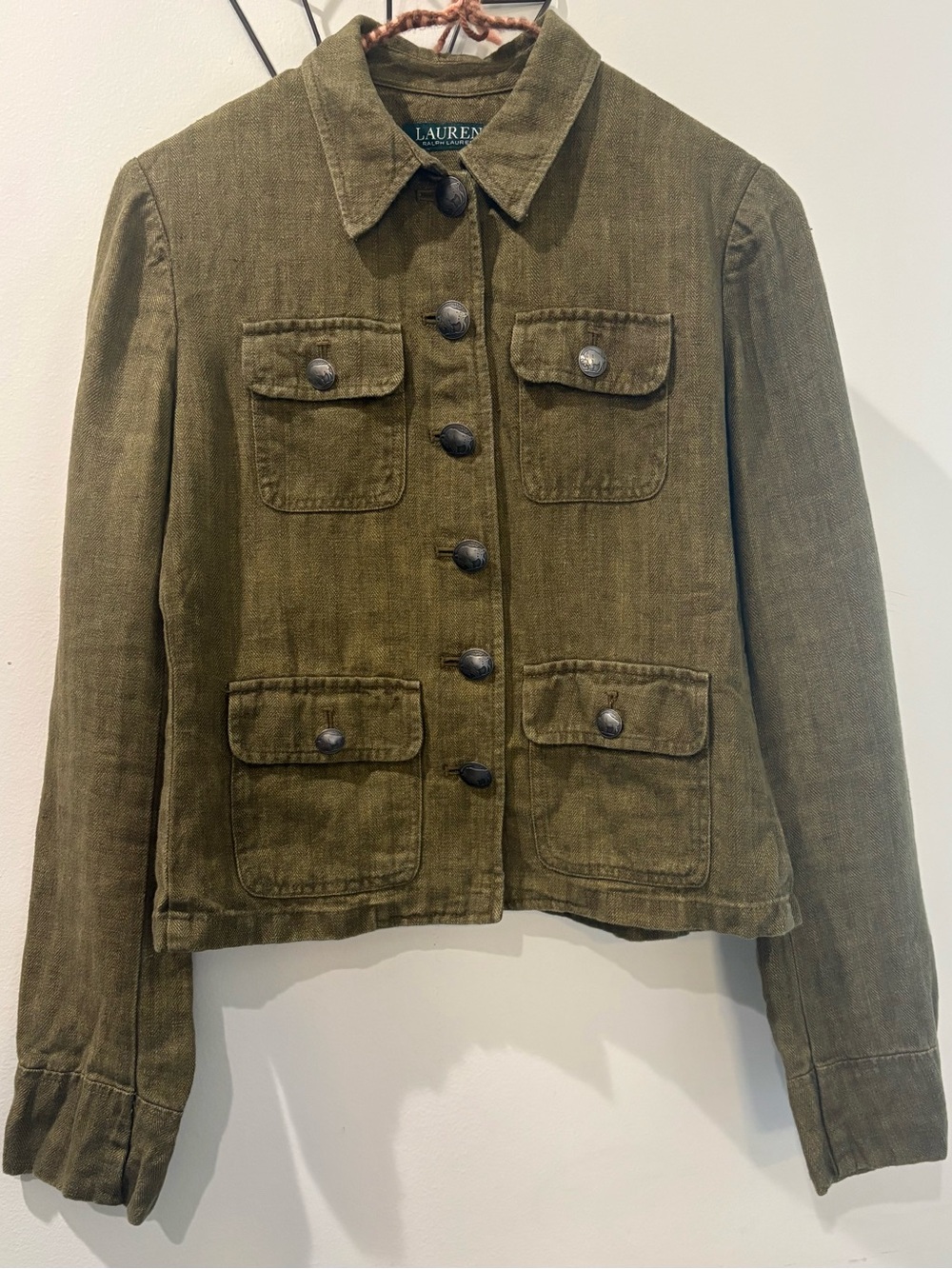 Lauren Ralph Lauren 100% Linen Olive Green Utility Field Military Jacket Sz 4P